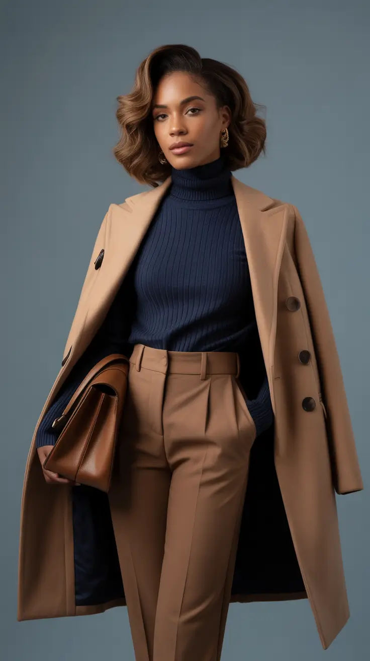 Timeless outfit: camel coat over a roll neck